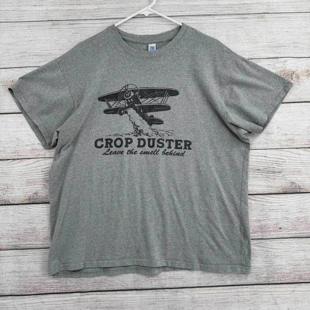 Brisco Brands Graphic T-Shirt Mens XL Gray‎ Crop Duster Humor Biplane Tee